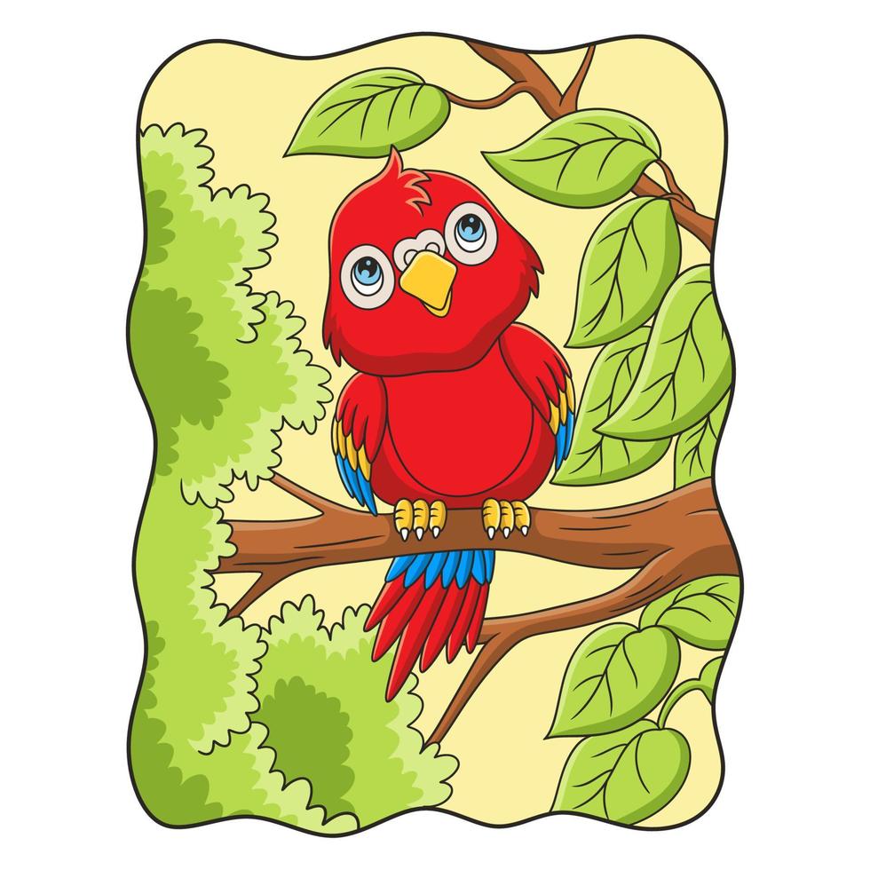 cartoon illustration the parrot is perching on a big and tall tree trunk and looking up at the clouds vector