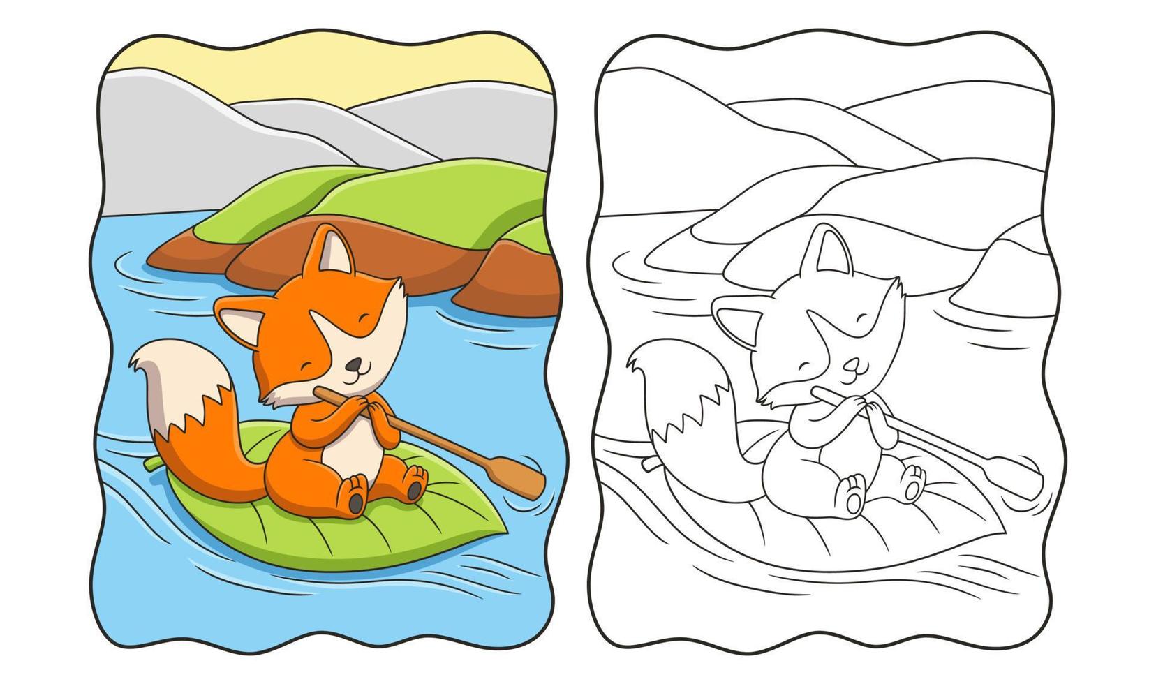 cartoon illustration the fox is riding a boat made of big tree leaves with an oar book or page for kids vector