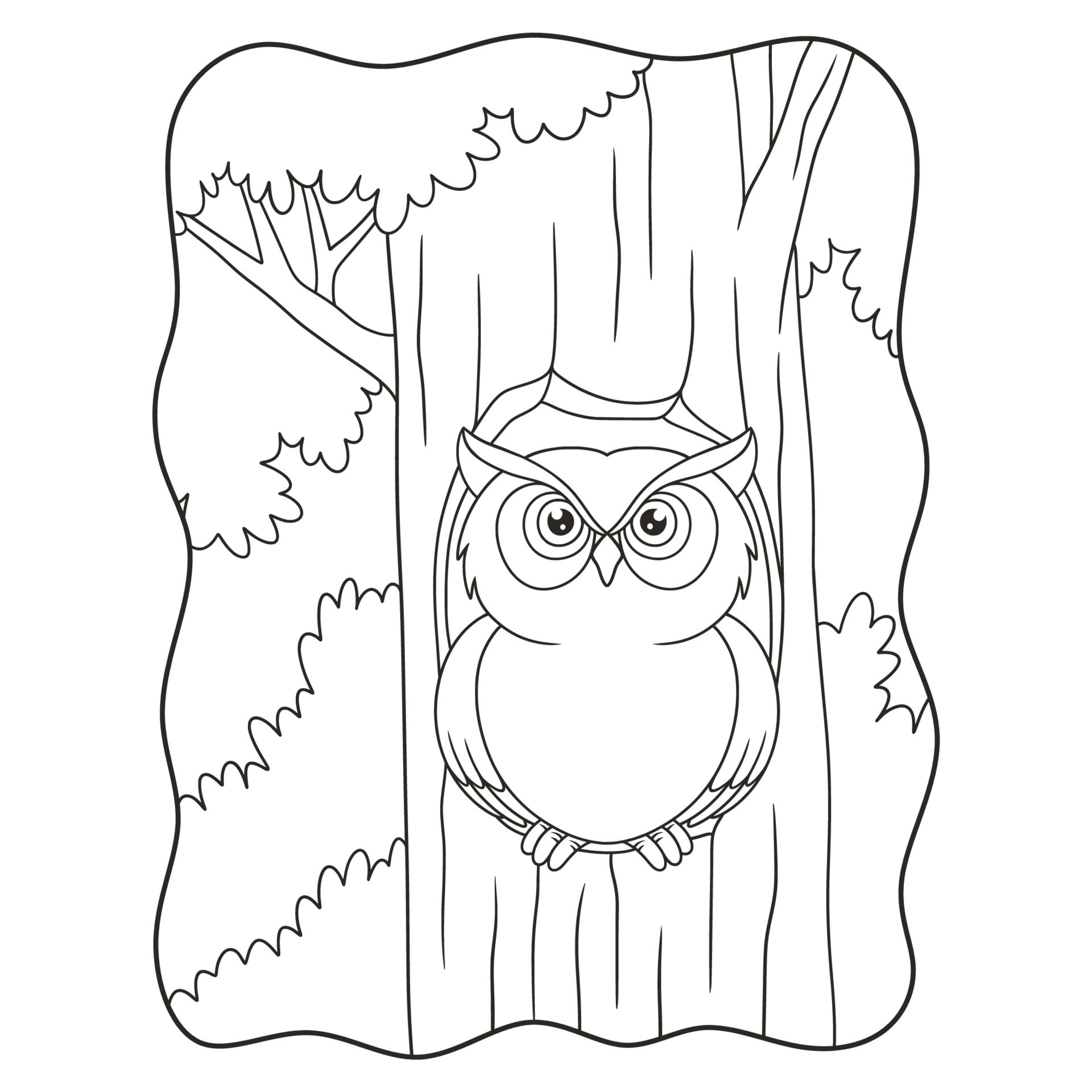 cartoon illustration owl standing in front of his house on a big tree