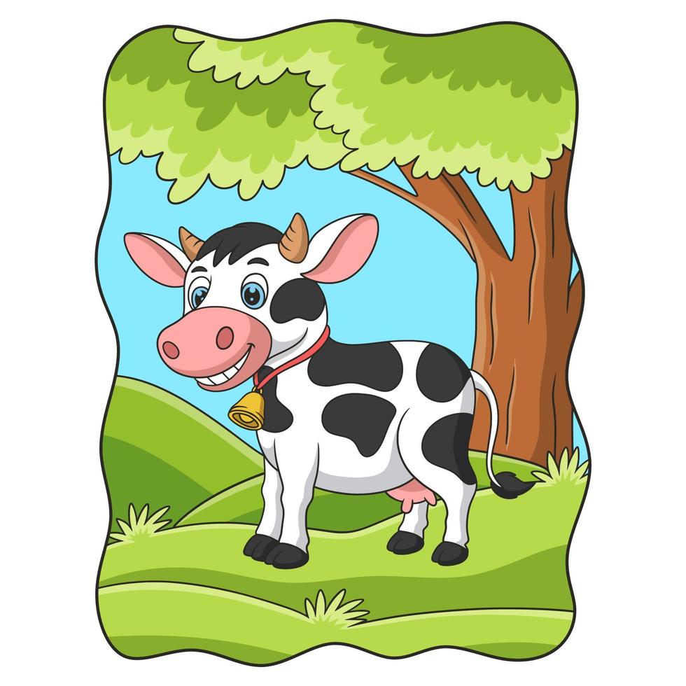 cartoon illustration a cow walking for food in the middle of the forest under a big tree vector