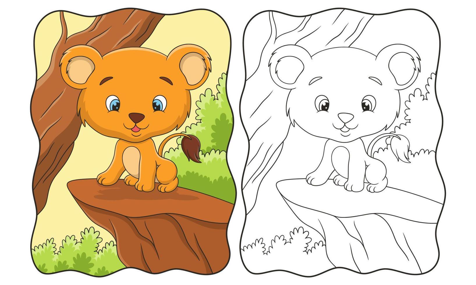 ilustración de dibujos animados un cachorro de león sentado orgullosamente en un acantilado bajo un gran árbol en medio del libro o página del bosque para niños vector