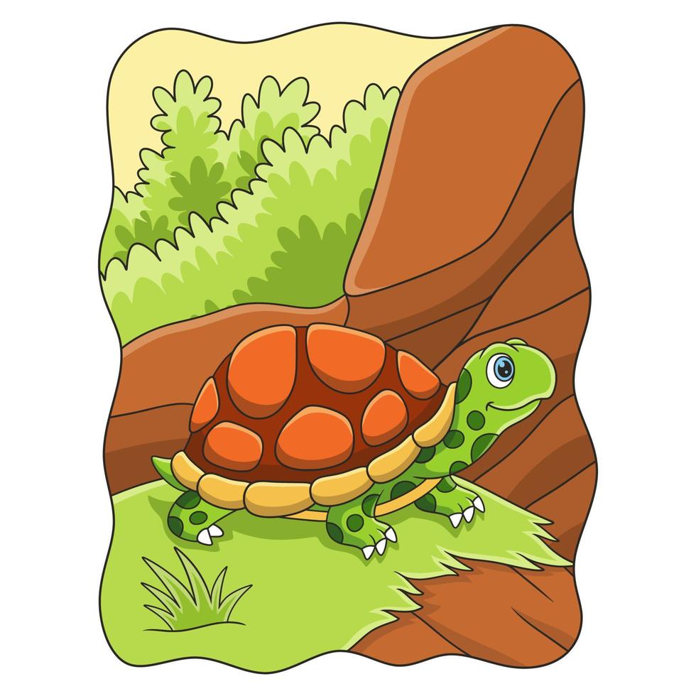 cartoon illustration a turtle walking in the middle of a meadow on a cliff beside a river vector