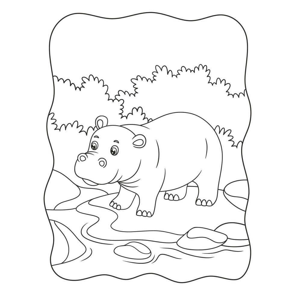 cartoon illustration a hippopotamus walking by the river in the middle of the forest book or page for kids black and white vector