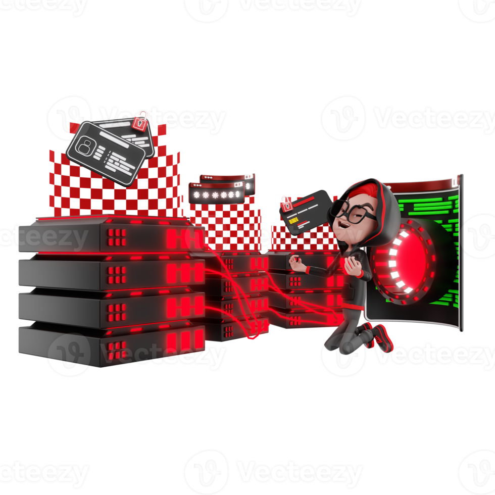 Illustrazione della criminalità informatica del personaggio 3d png