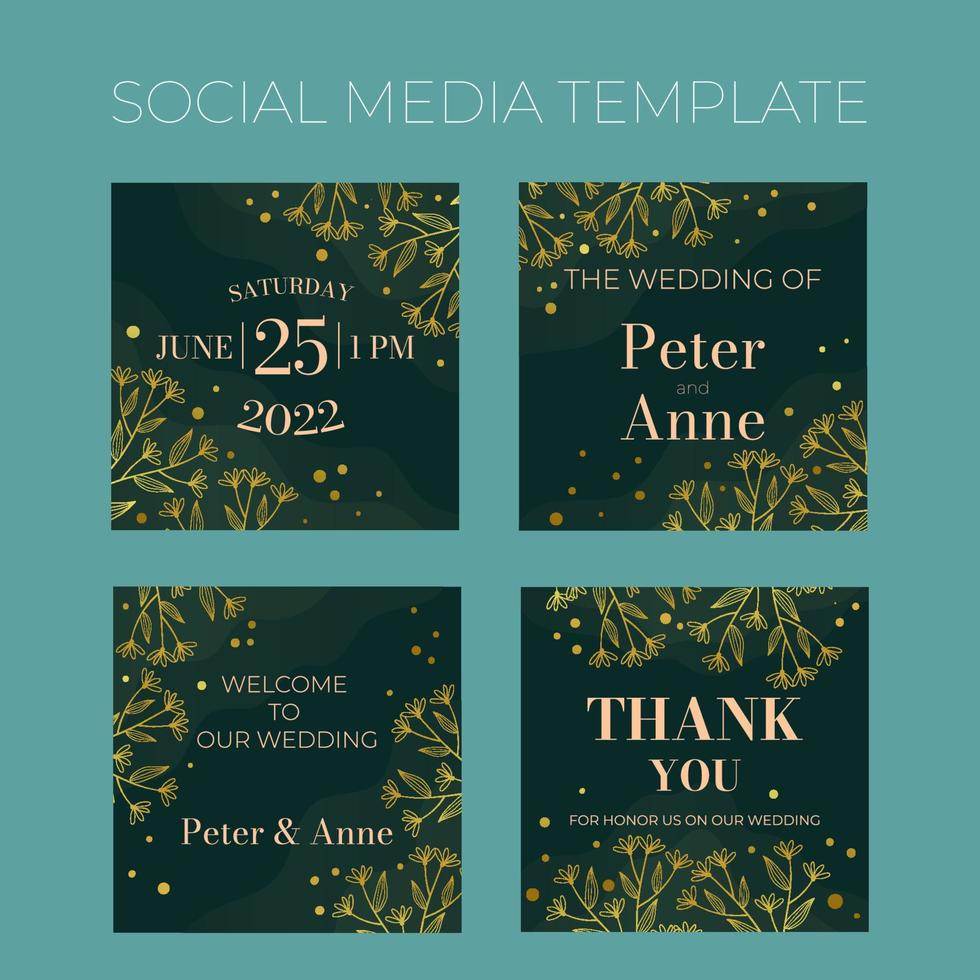 plantilla de redes sociales cuadrada de boda floral en elegante estilo dorado, diseño de tarjeta de invitación con flores doradas con hojas, puntos. patrón de marco decorativo y corona. vector