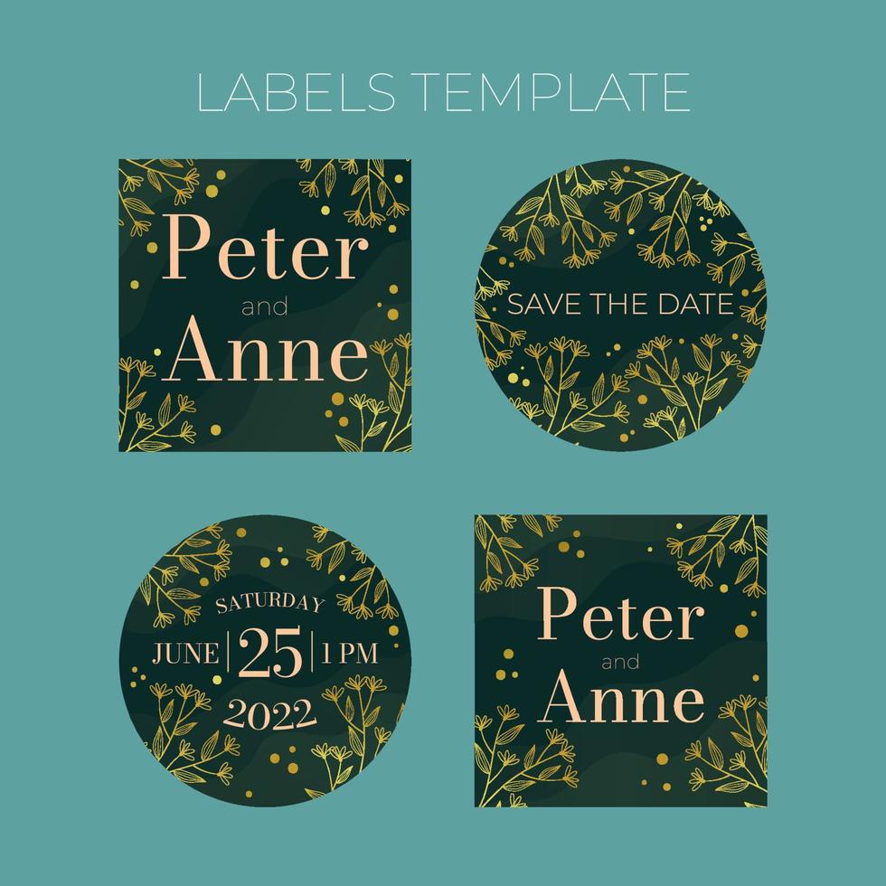 Floral wedding Labels template in elegant golden style, invitation card design with gold flowers with leaves, dots. Decorative frame pattern and wreath. Vector  decoration on rich green background.