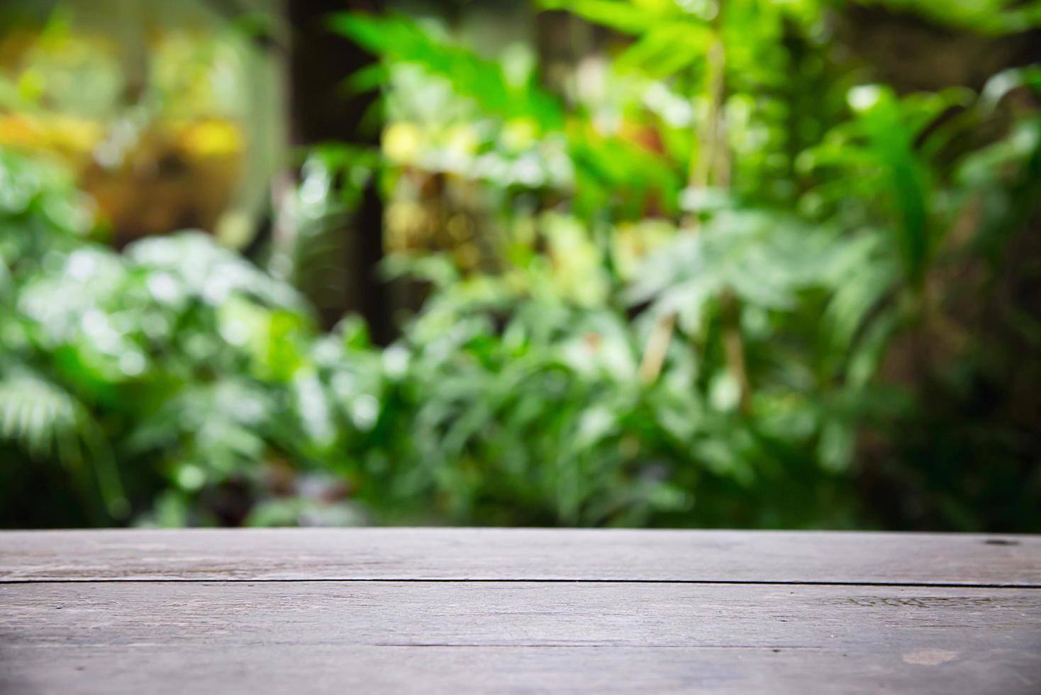 Empty wooden plank floor space with green garden leaves background - product display space with fresh green nature background concept photo