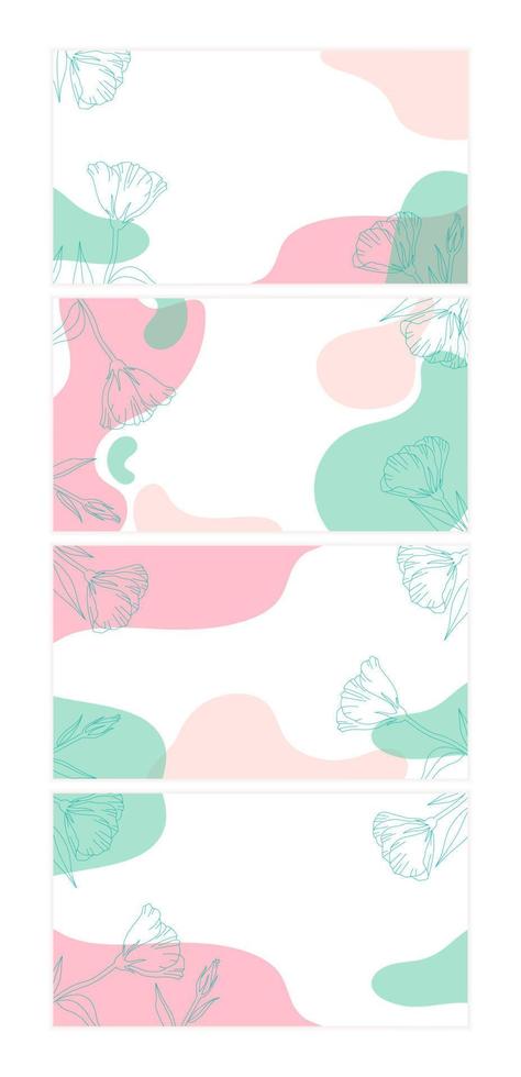 Trendy abstract background set with fluid shapes and floral element in pink pastel colors. Modern Memphis geometric wave for presentation, business card, brochure, wallpaper. Vector illustration.