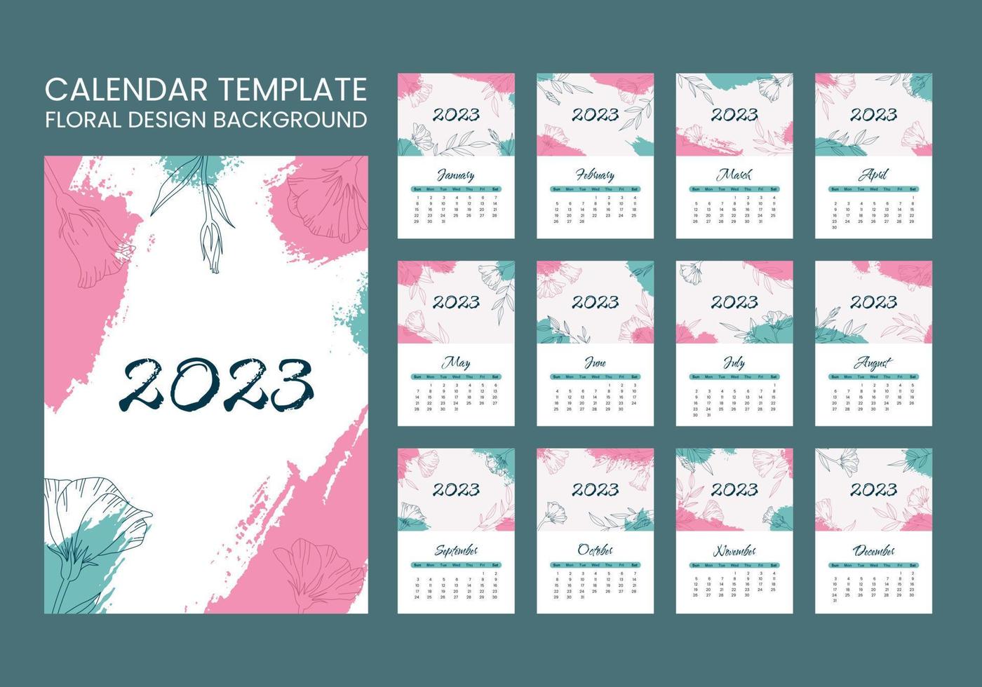 Trendy abstract background with  brush paint shapes and flower element in green colors. 2023 Calendar year vector illustration poster. The week starts on Sunday. Monthly vertical calendar template.