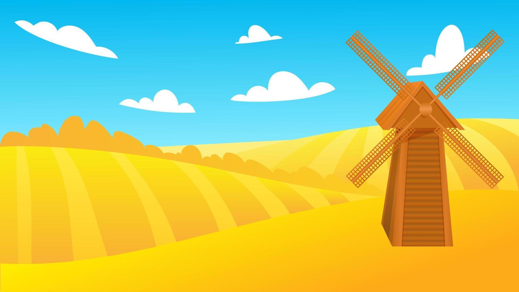 Rural summer landscape with a windmill in field of ripe wheat on the hills and valleys in the background. Vector illustration with golden grain fields and mill. Farm autumn harvest