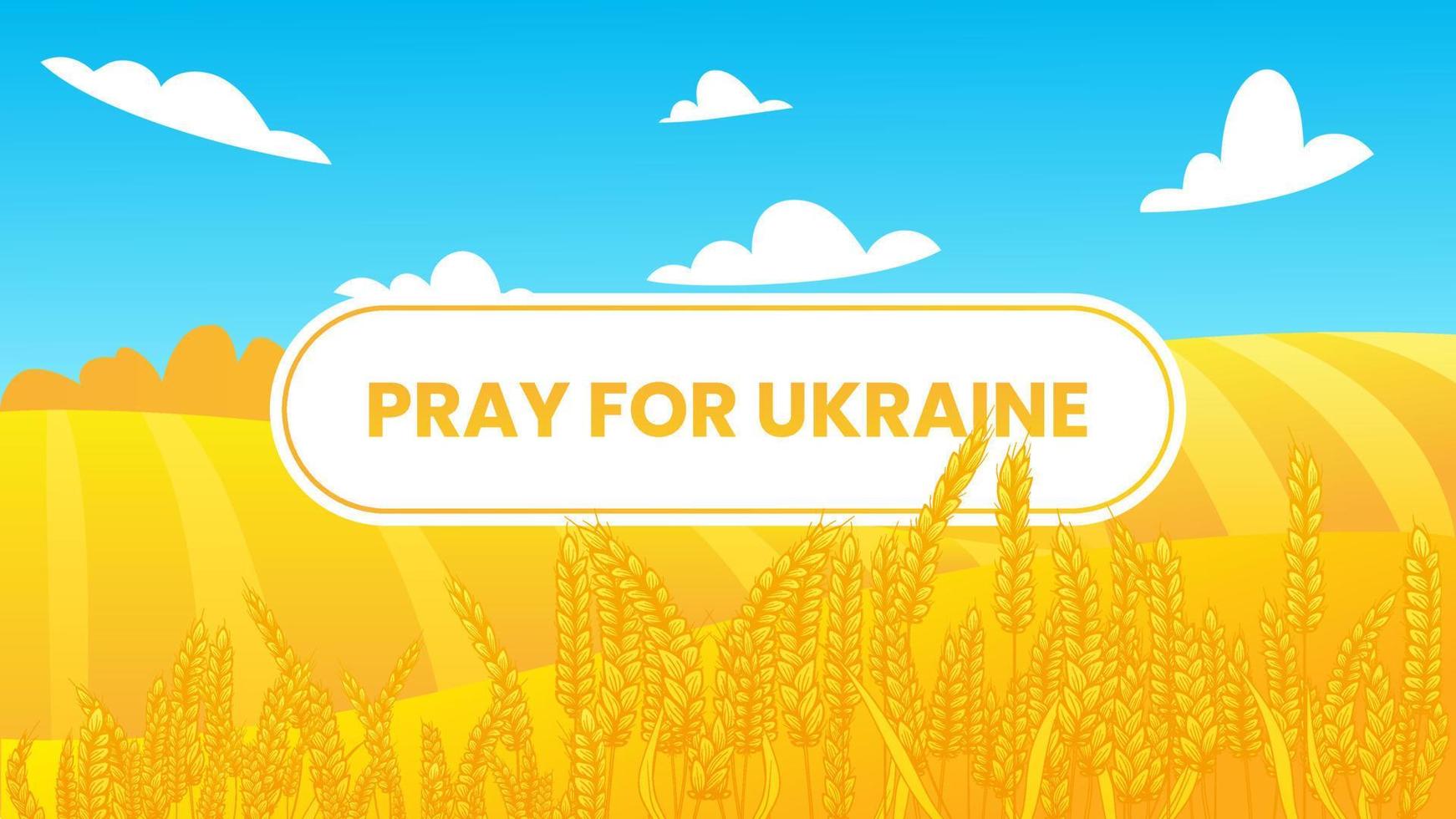 Rural summer landscape with a field of ripe wheat on the hills and valleys in the background. Vector illustration with golden grain fields. Farm autumn harvest. Ukraine flag pray for peace, stop war.