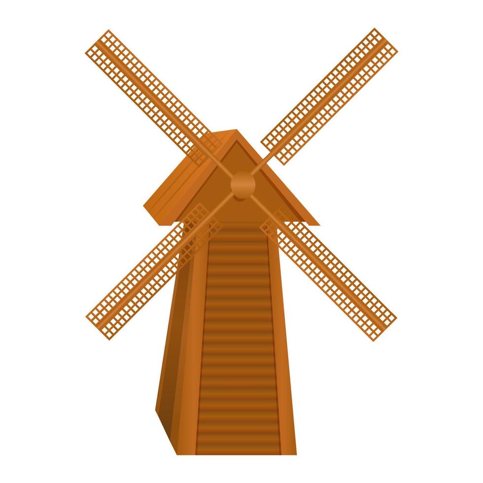 Old windmill, vintage wooden wind mill. Traditional dutch farm building for grinding wheat grains to flour. Vector cartoon of countryside architecture isolated on white background