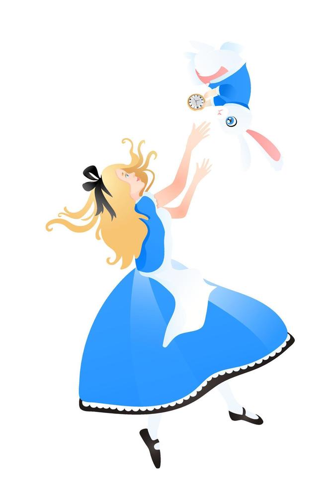 Alice in Wonderland, falling down into the white rabbit hole. Cute blond girl in blue dress. Vector illustration