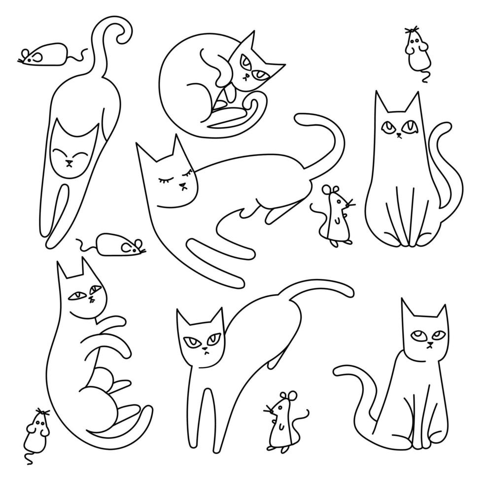 Vector illustration minimalist funny animals set, cat with mouse doodles in abstract hand drawn style black and white line art.