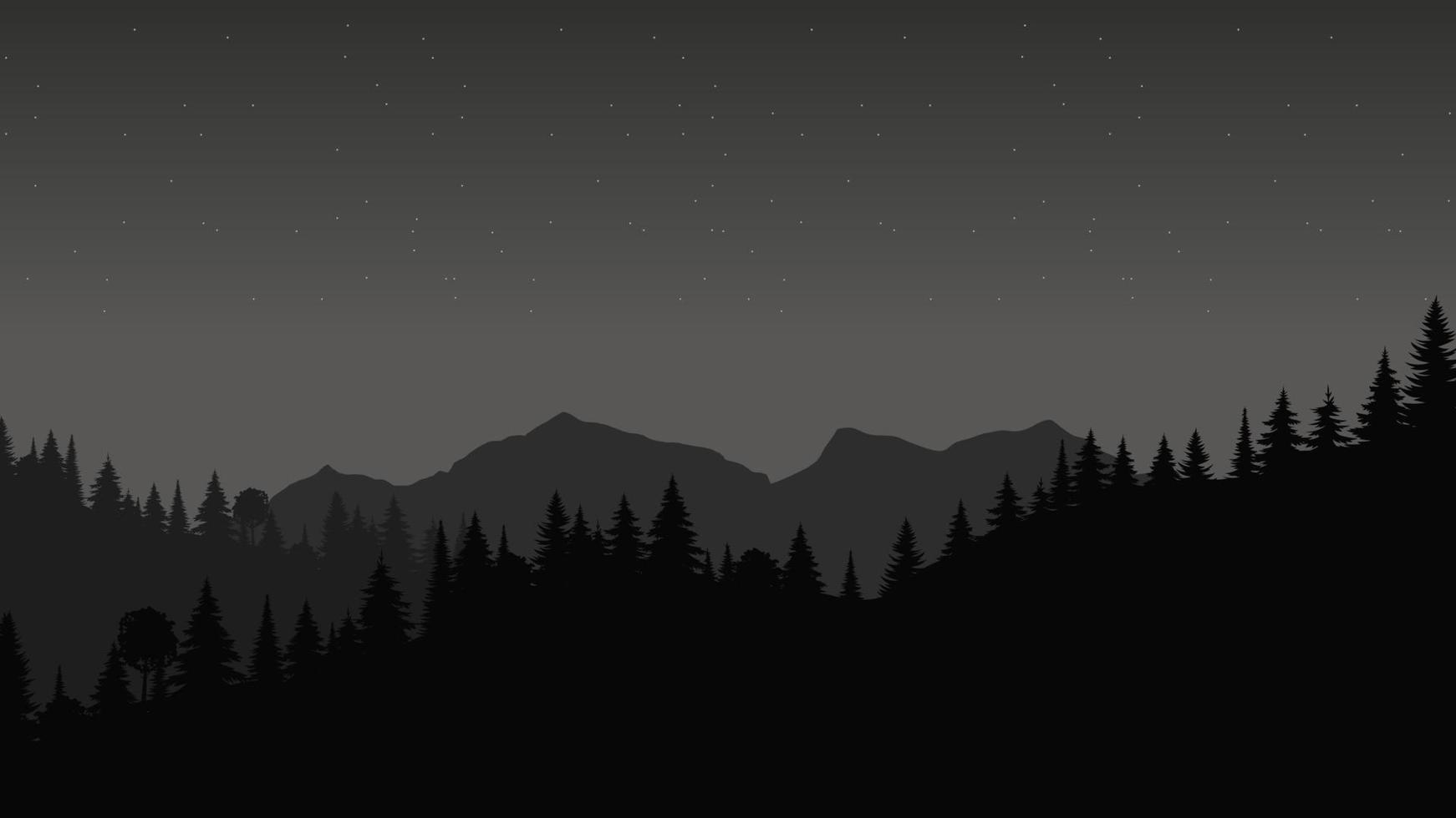 paisaje de silueta con niebla, bosque, pinos, montañas. ilustración de vista nocturna, niebla. en blanco y negro. bueno para papel tapiz, fondo, pancarta, portada, afiche. vector