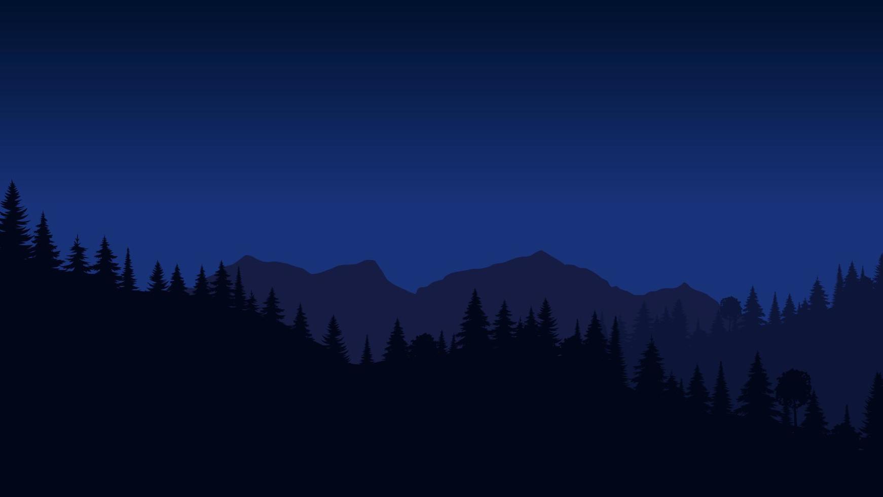 paisaje de silueta con niebla, bosque, pinos, montañas. ilustración de vista nocturna, niebla. azul marino. bueno para papel tapiz, fondo, banner web, portada, afiche. vector