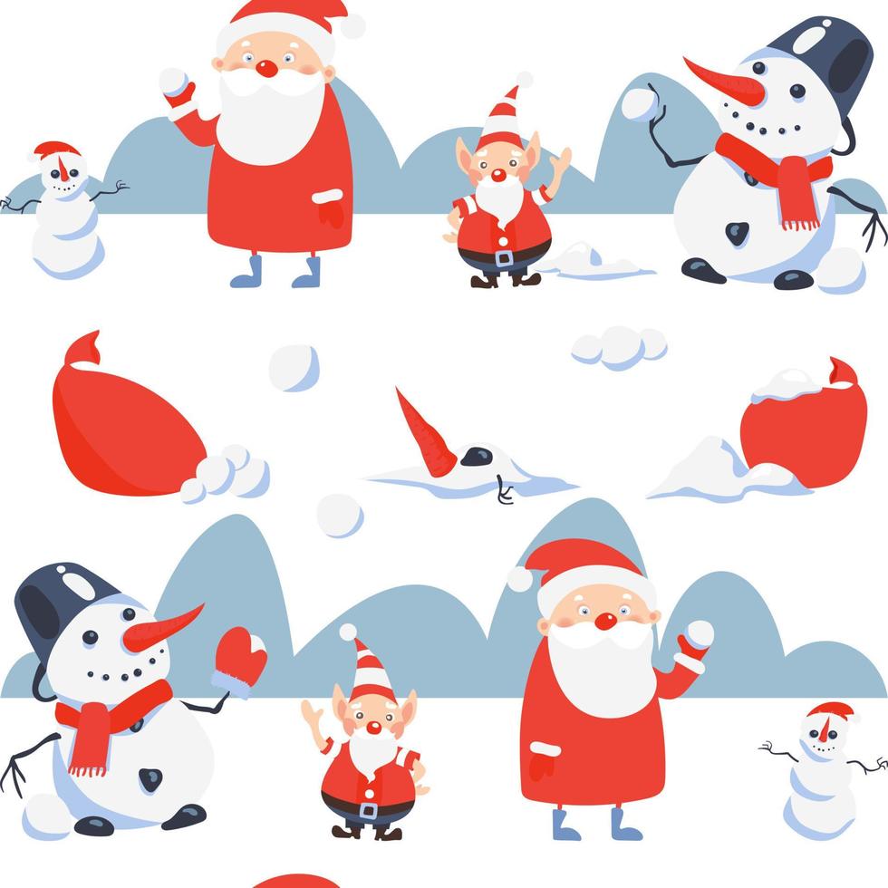 Seamless pattern illustration of Santa Claus, elf and snowman. Holiday joyful light blue background for kids, Merry Christmas and happy New year. Vector illustration.