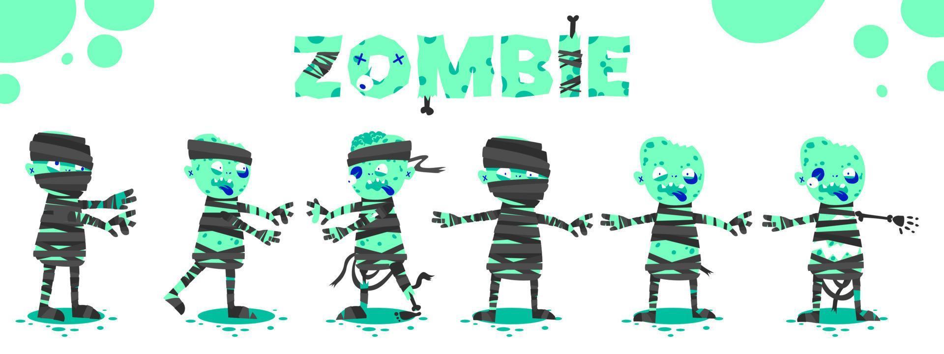 conjunto de pegatinas de monstruos de dibujos animados de halloween. dibujos divertidos de zombie verde cadáver caminando momia personaje aterrador disfraz kit vector ilustración