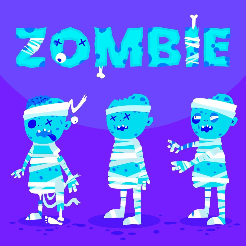 conjunto de pegatinas de monstruos de dibujos animados de halloween. divertidos dibujos de zombi azul caminando momia aterrador personaje disfraz kit vector ilustración