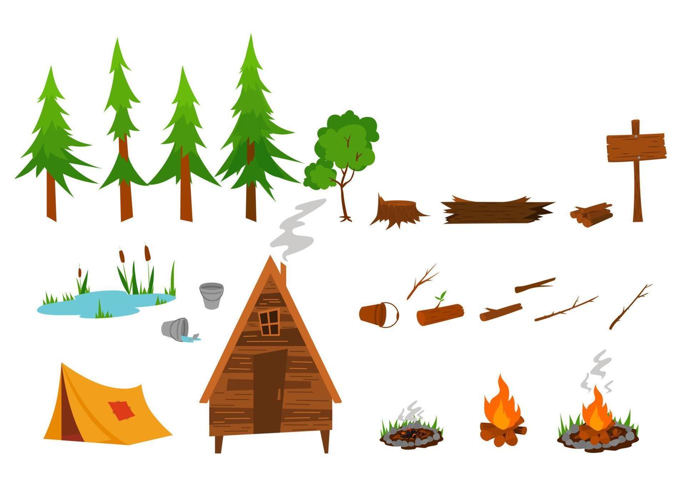 Vector adventure set camping in vector design illustration kit of camping in woods. Tree, cabin, bonfire, lake, fishing.