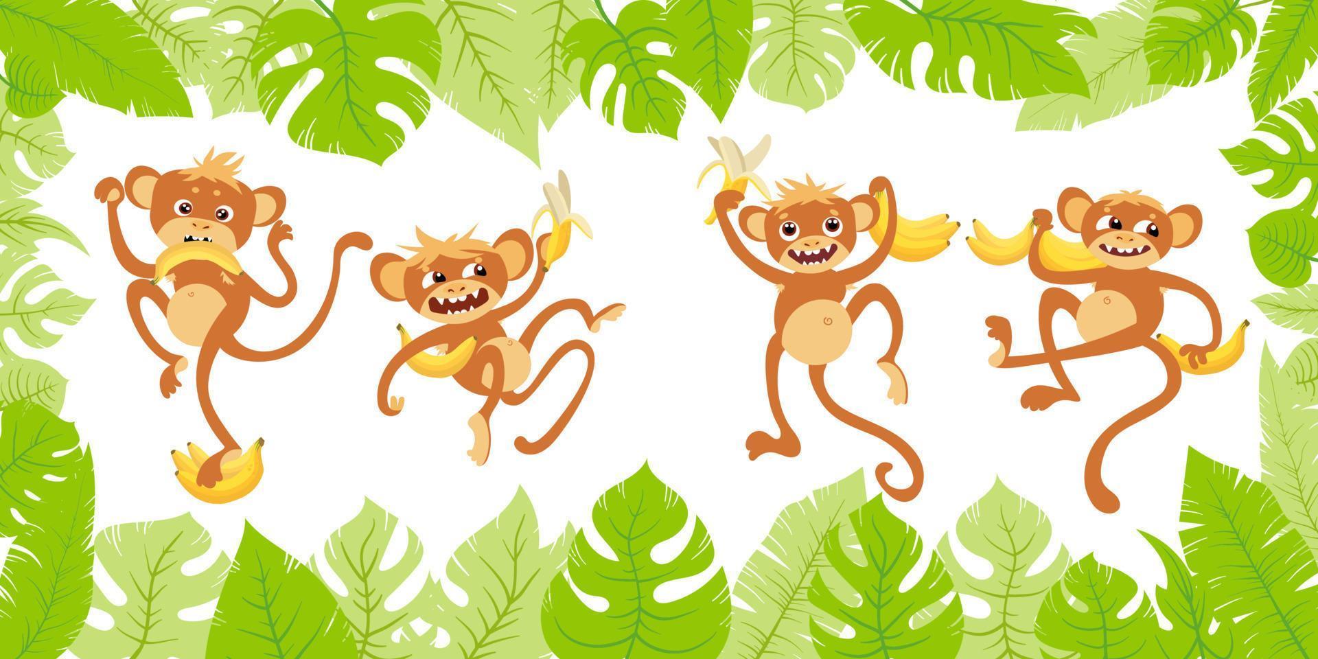 ilustración de un mono feliz conjunto lindos monos de dibujos animados con plátanos en diferentes poses aislados en blanco. Jocko de animales de la selva. con marco de hojas tropicales. vector. vector