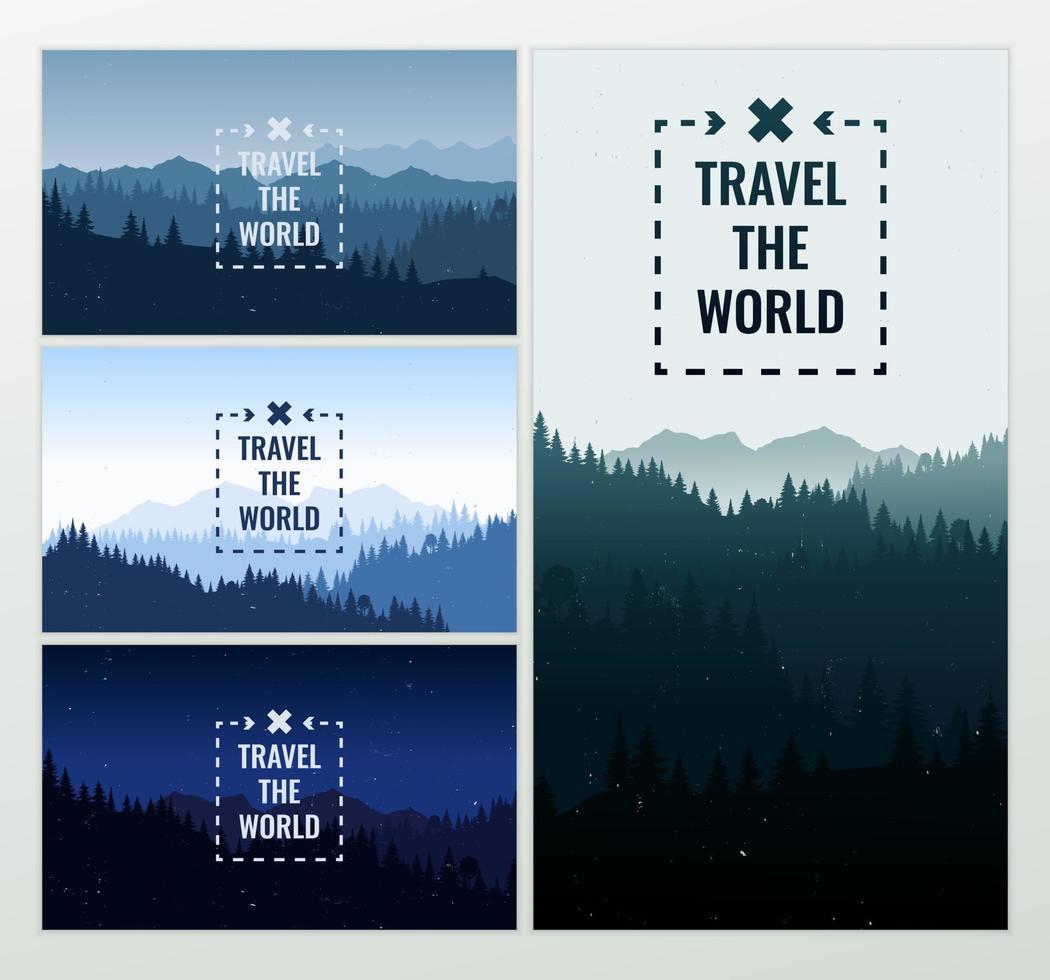 viajar descubriendo, explorando y observando la naturaleza. azul y verde. conjunto de banners web de diseño. paisaje plano con montañas y bosque silueta textura grunge vintage. ilustración de fondo vectorial. vector