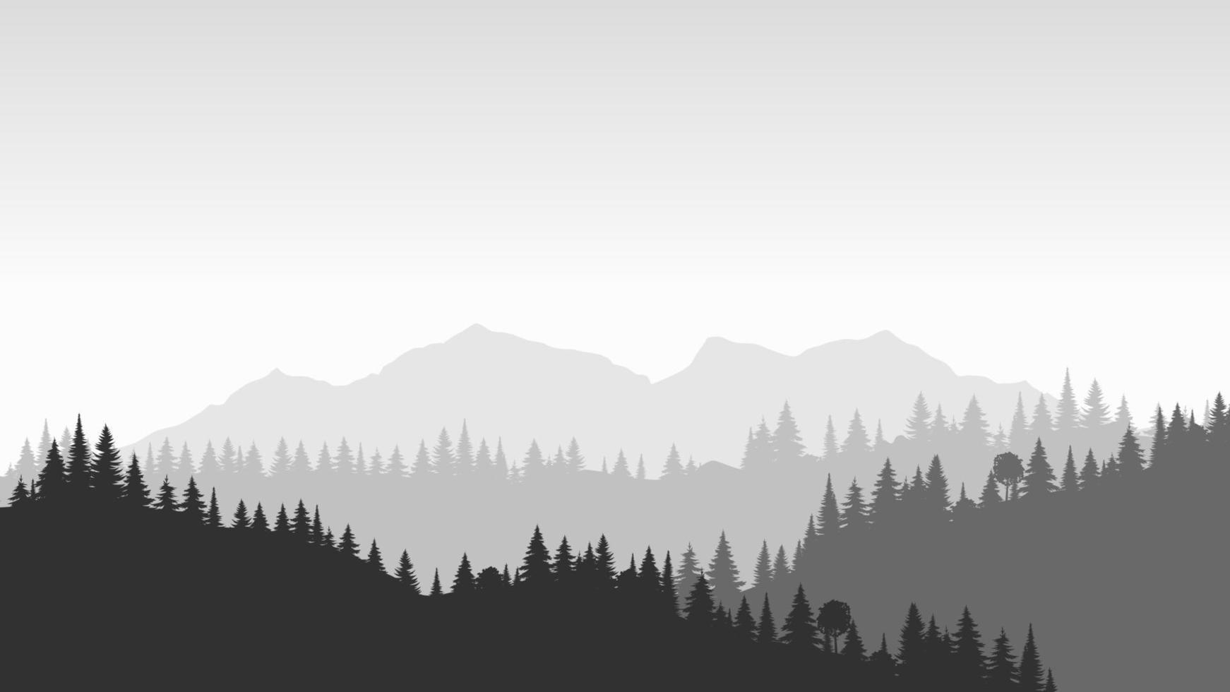 paisaje de silueta con niebla, bosque, pinos, montañas. ilustración de la vista del parque nacional, niebla. en blanco y negro. bueno para papel tapiz, fondo, pancarta, portada, afiche. vector