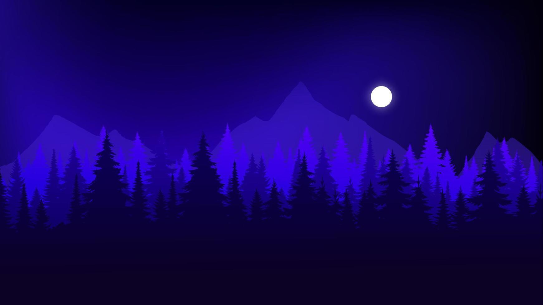 paisaje de silueta con niebla, bosque, pinos, montañas. ilustración de vista nocturna, brillo de luna, niebla. azul marino. bueno para papel tapiz, fondo, banner web, portada, afiche. vector