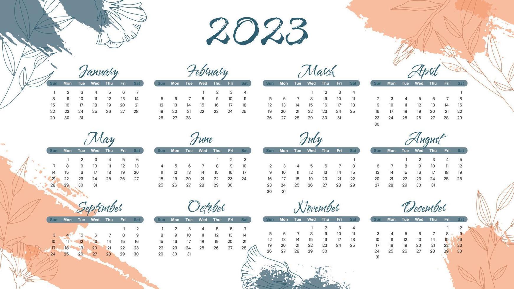 Trendy abstract background with  brush paint shapes and flower element in beige, blue colors. 2023 Calendar year vector illustration poster. The week starts on Sunday. Annual calendar template.