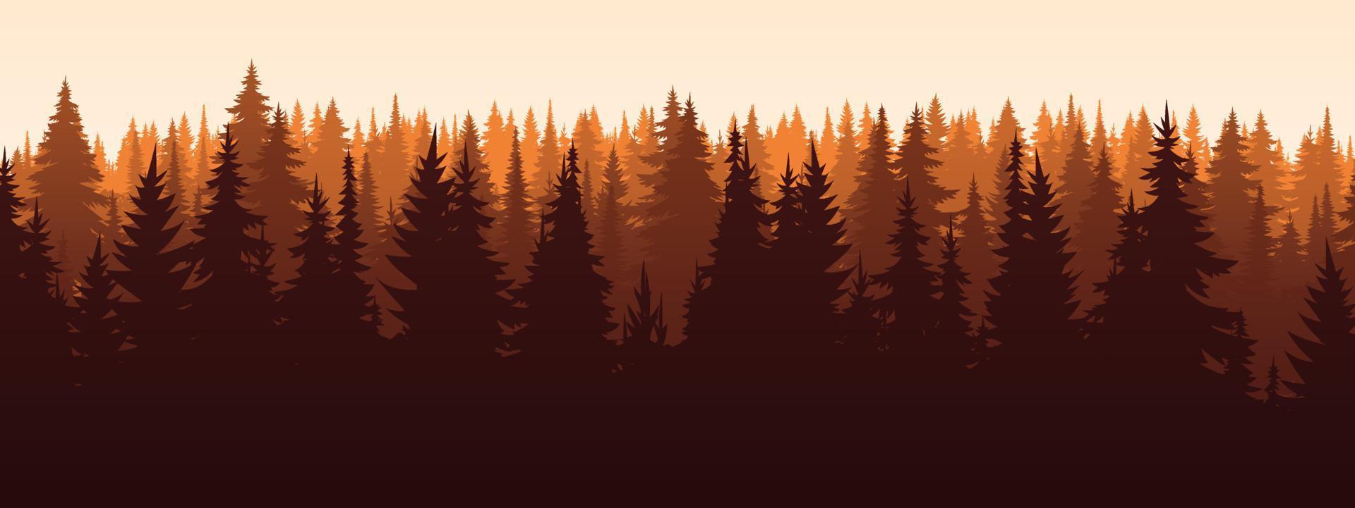 Vector autumn horizontal landscape with fog, forest, spruce, fir, and morning sunlight. Fall season Illustration of panoramic view silhouette, mist and mountains. Fire in the woods.