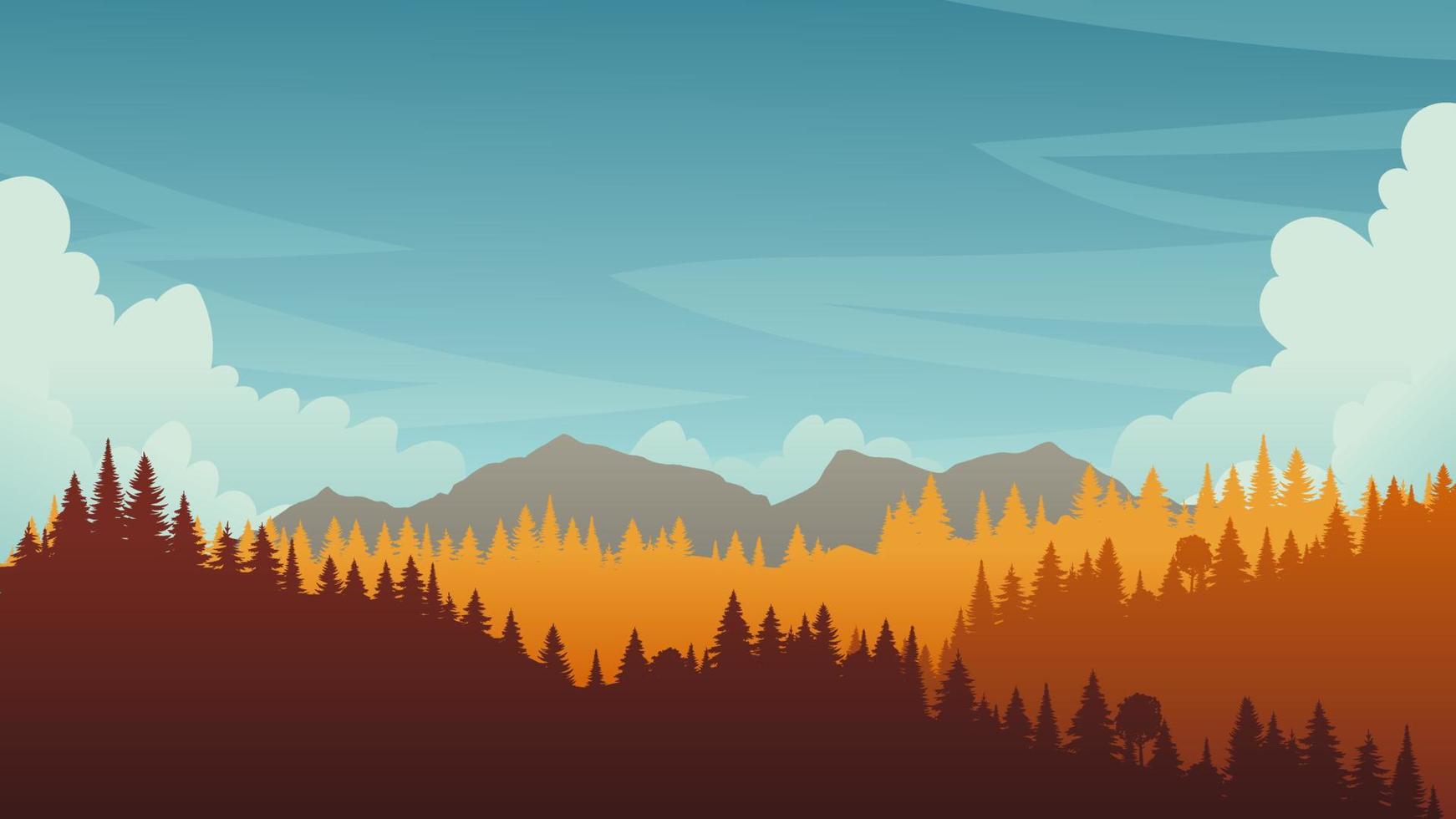 paisaje de otoño panorámica de la silueta del paisaje forestal con roble, pino. árbol de otoño naranja amarillo de dibujos animados y hojas de oro de temporada de otoño de montañas para parque nacional con cielo azul por la noche. vector