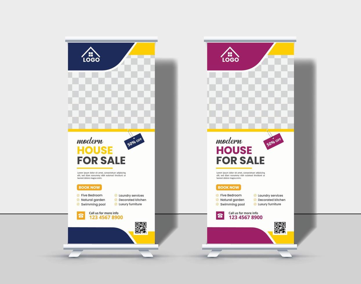 banner enrollable de bienes raíces corporativos o plantilla de diseño de banner desplegable vector