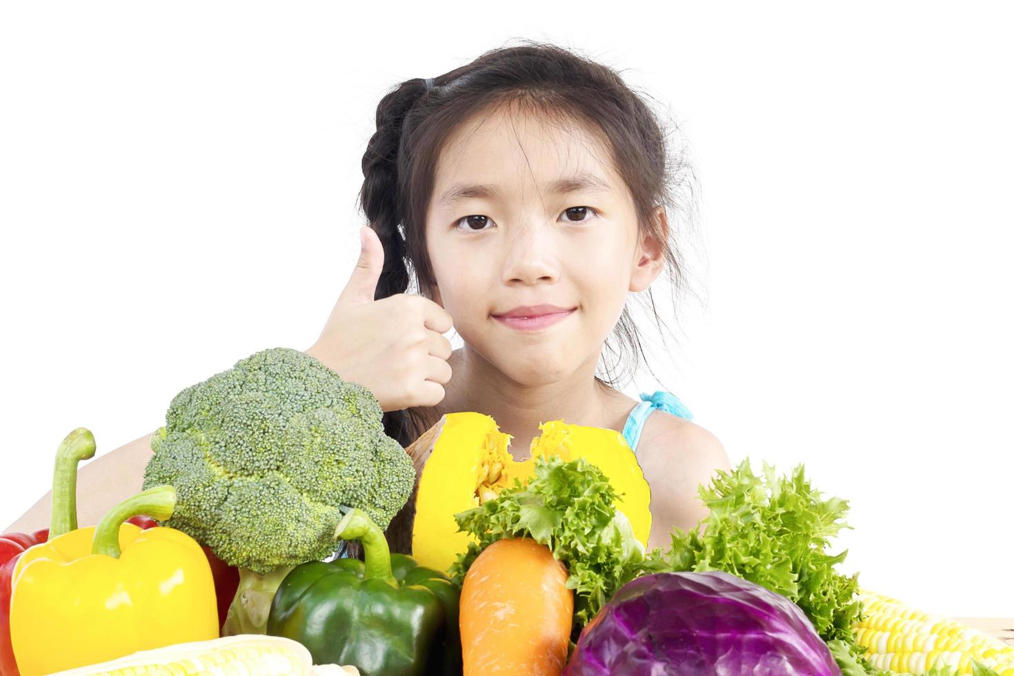 Asian lovely girl showing enjoy expression with fresh colorful vegetables isolated over white background photo