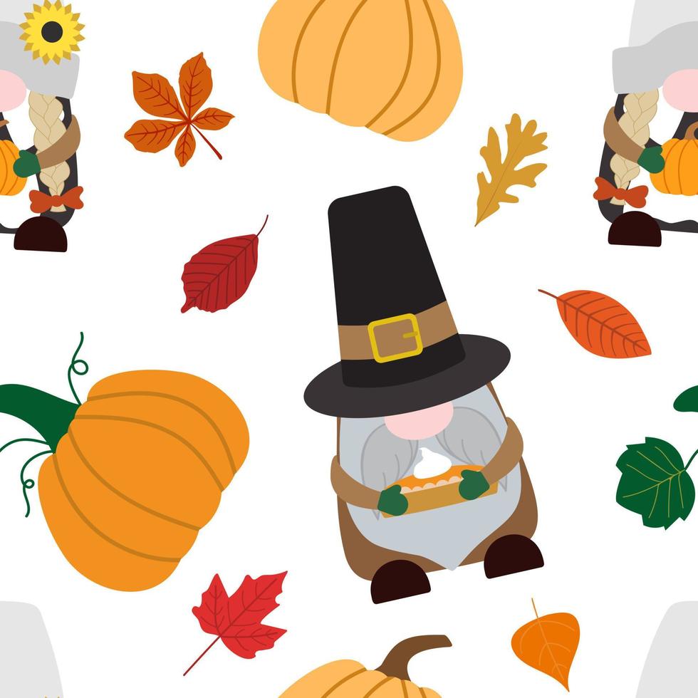 Vector Thanksgiving day, harvest seamless pattern in cartoon style with pilgrim gnomes, pumpkins, pumpkin pie, fall leaves. Isolated on white background.