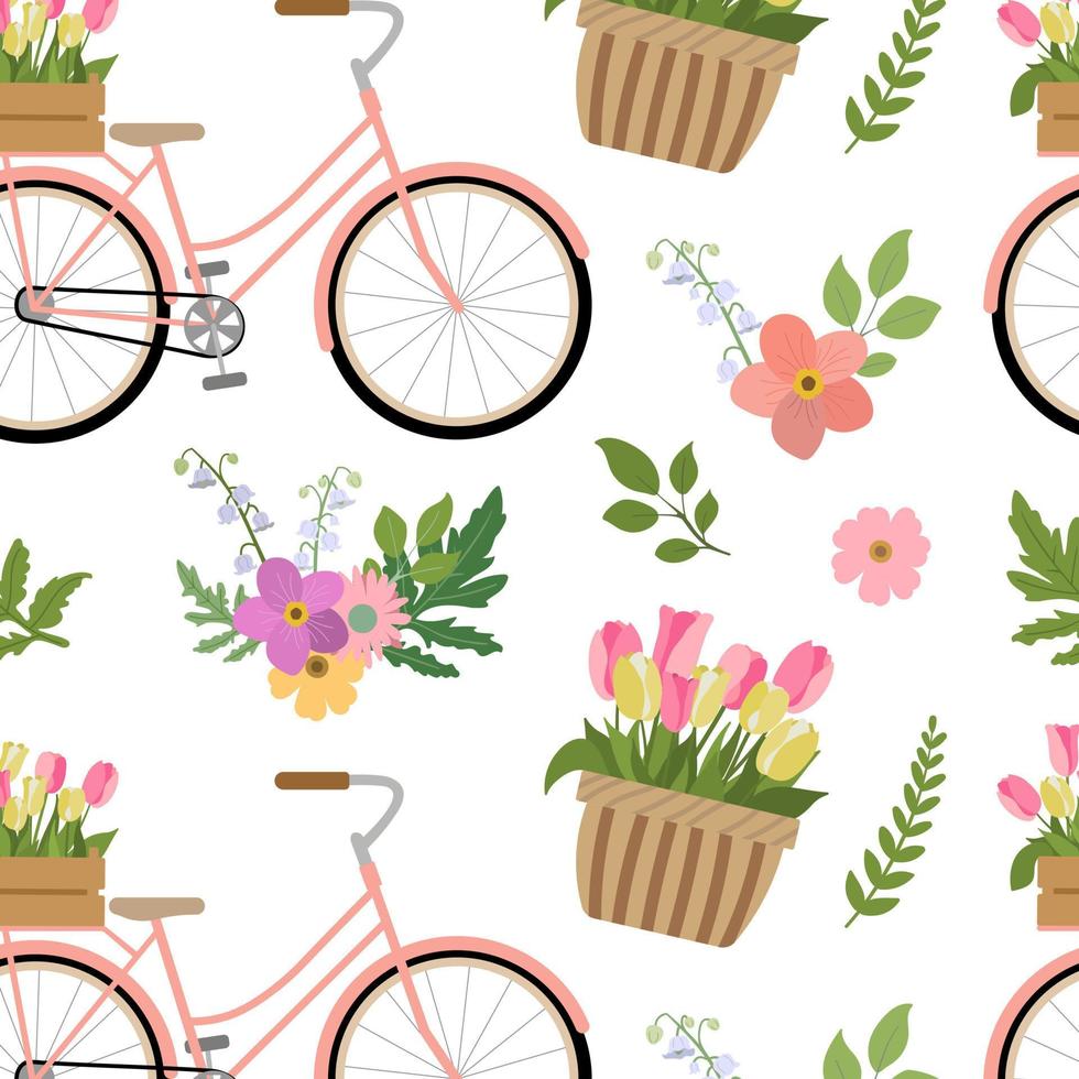 patrón de estilo retro con bicicleta floral y ramos de flores. aislado sobre fondo blanco. diseño romántico de jardín botánico de primavera para impresión, textil, tarjetas. vector