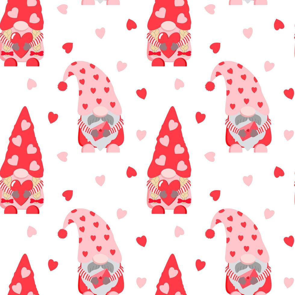 Cute Valentine day gnomes with hearts seamless pattern. Isolated on white background. 14 February themed print for design. vector