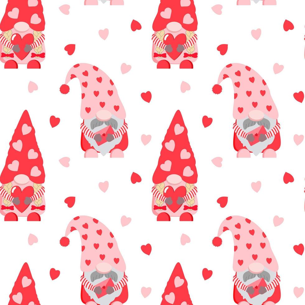 Cute Valentine day gnomes with hearts seamless pattern. Isolated on white background. 14 February themed print for design. vector