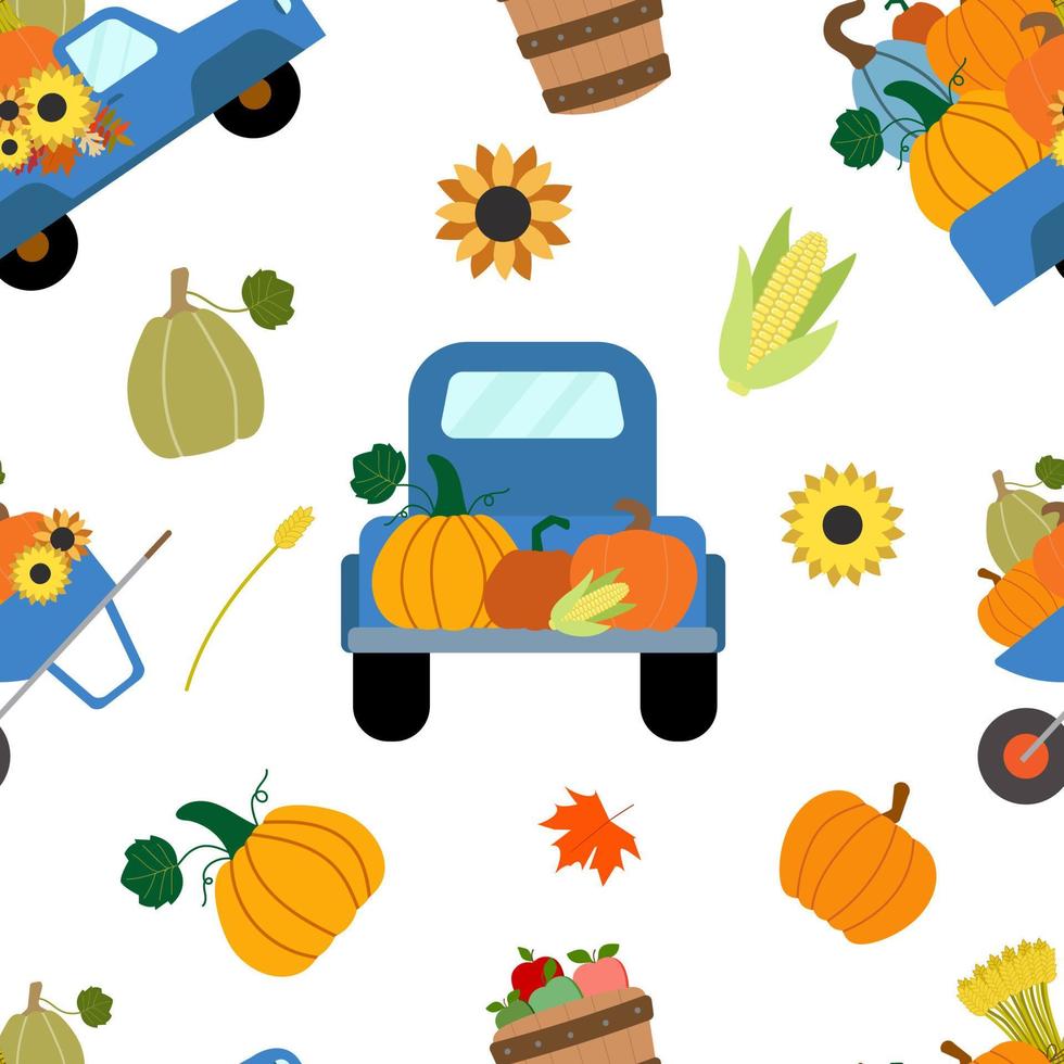 Vector seamless pattern. Fall harvest blue truck with orange, brown pumpkins, sunflowers, corn, apple basket, wheat spikelet. Repeated texture, wrapping paper. Isolated on white background.