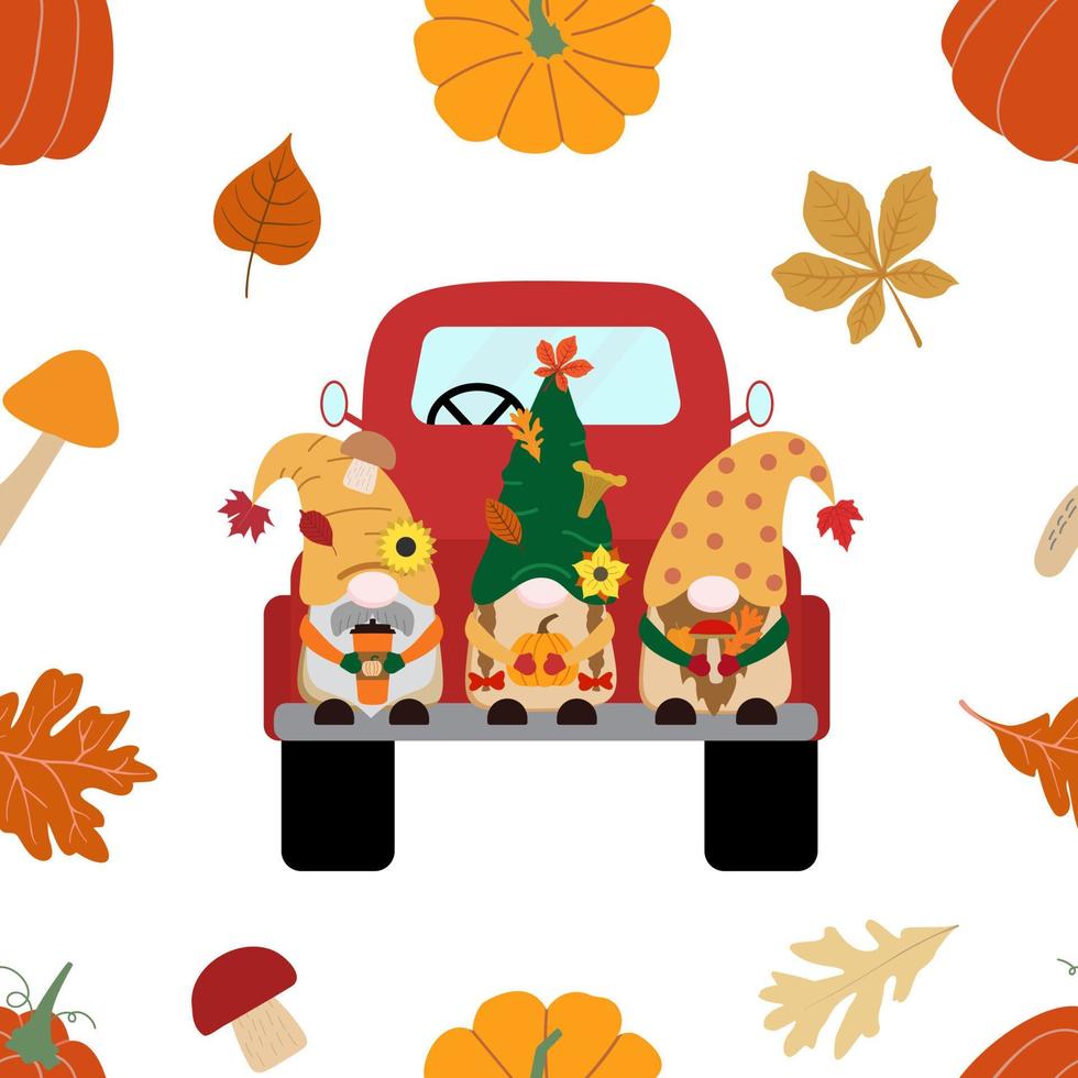 Cute gnomes in red truck, pumpkins, mushrooms, coffee cup, leaves. Vector seamless pattern. Isolated on white background. Harvest theme.