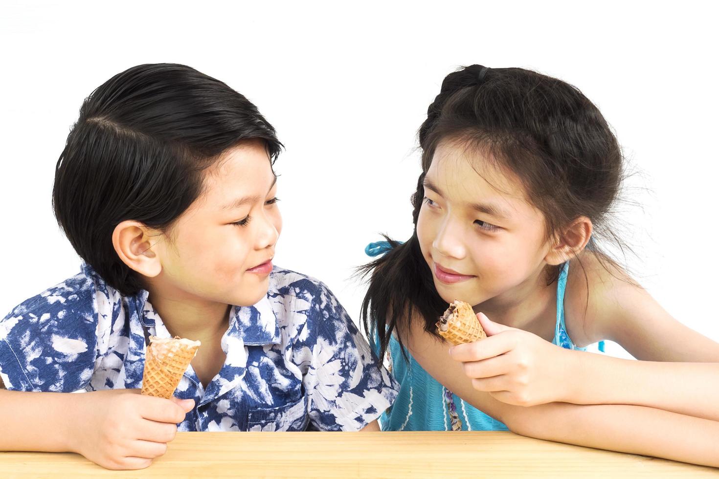 Asian kids are eating ice cream photo