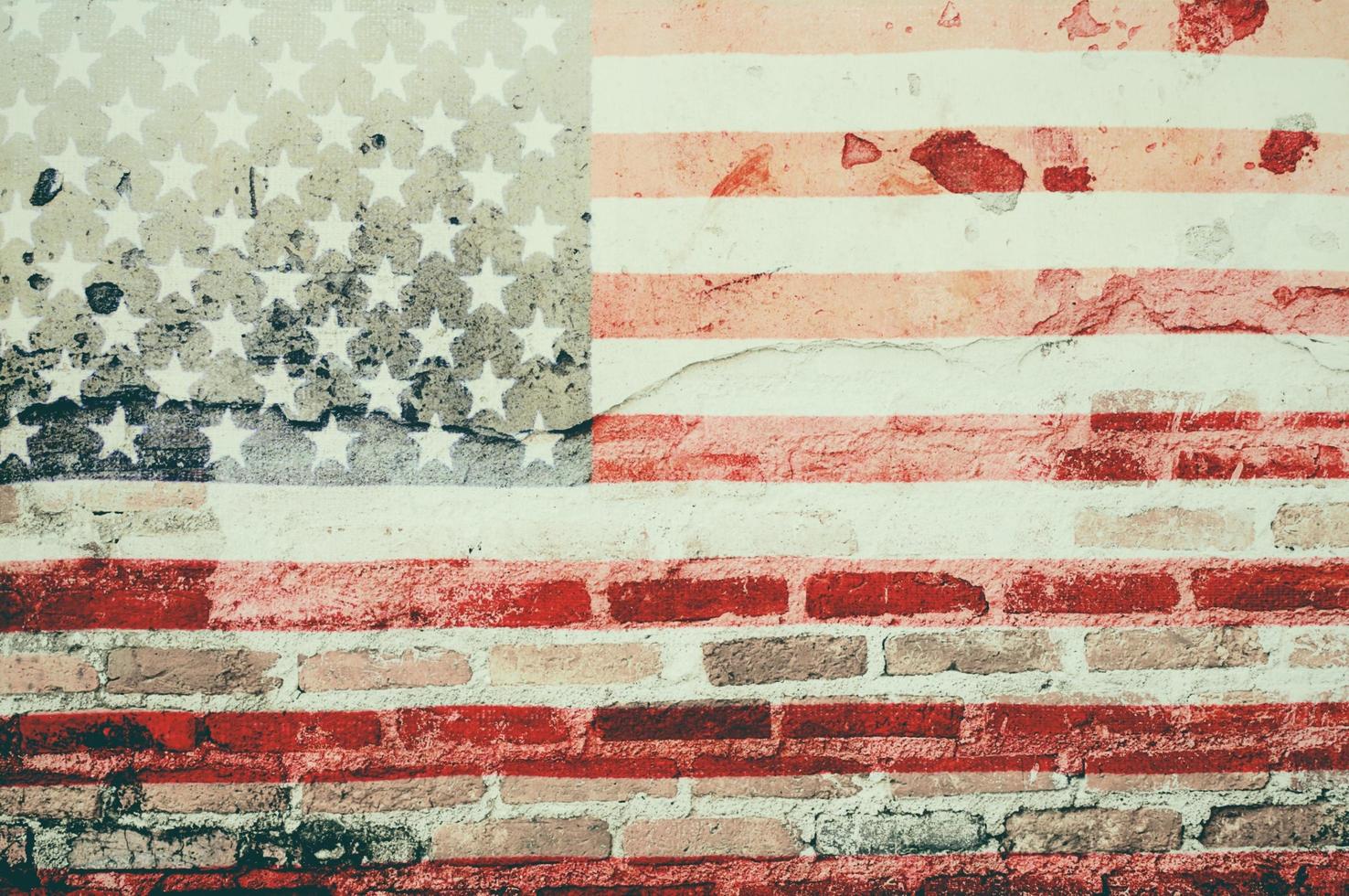 USA flag overlay on old brick and cement wall texture for background use photo