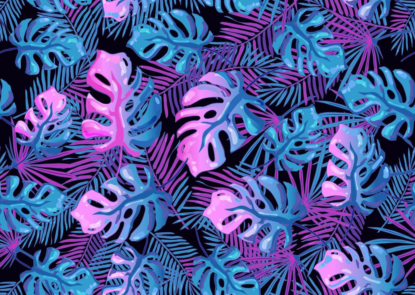 fluorescente exótico con hojas de palma de patrones sin fisuras. fondo degradado de neón tropical. fondo de pantalla de vector digital futurista