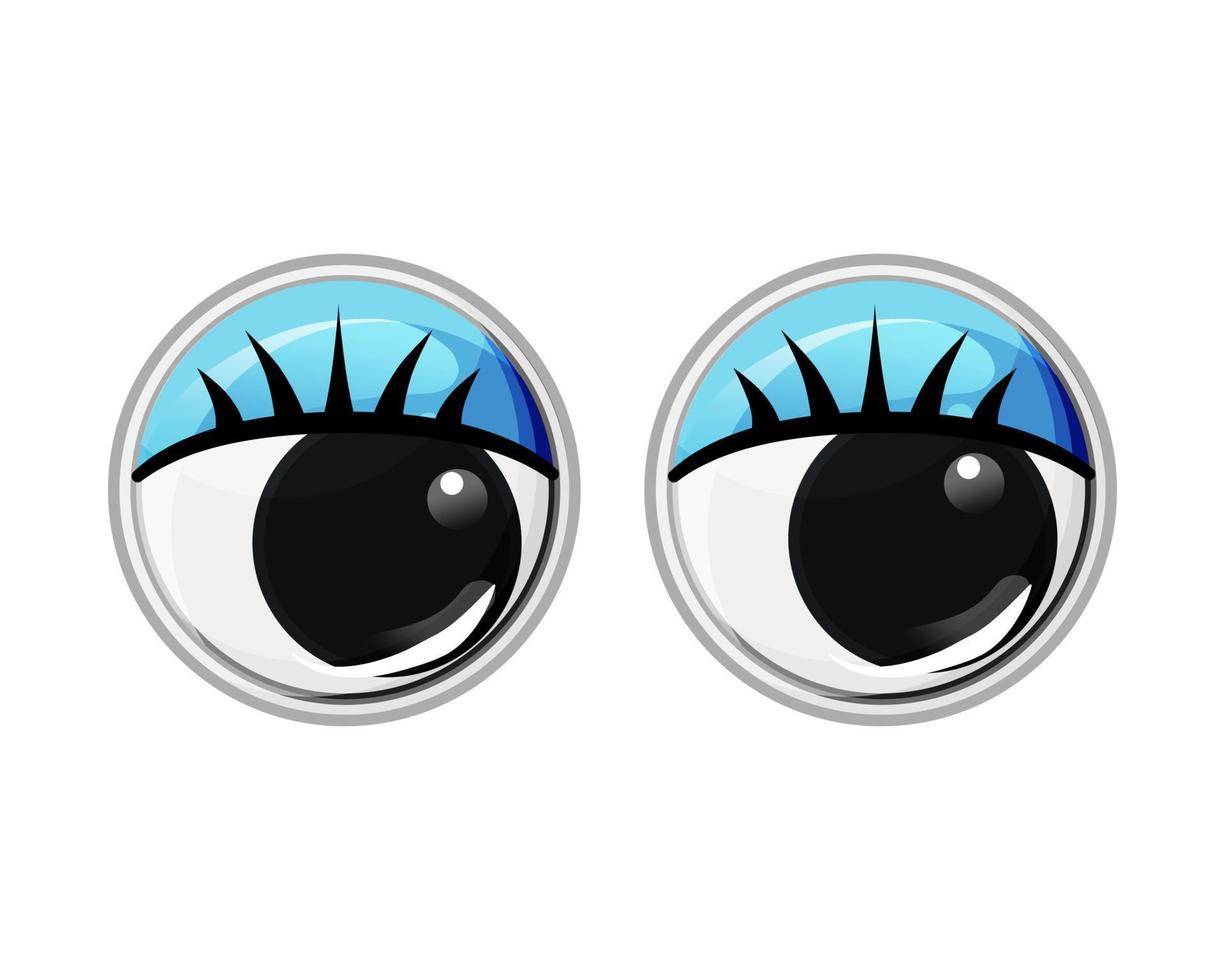 Toy plastic eyes with eyelashes and blue eyelids. Oblique eyes. Vector cartoon illustration on a white isolated background.