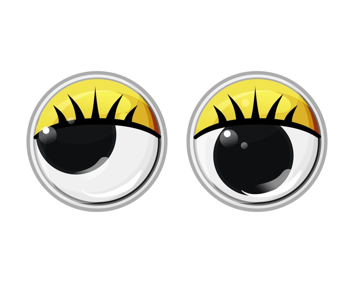 Plastic eyes with eyelashes and yellow eyelids. Look away. Vector cartoon illustration on a white isolated background.