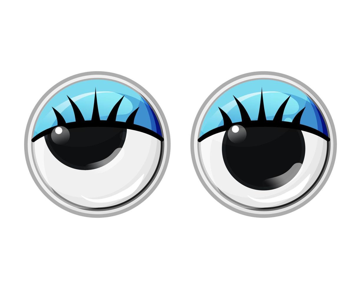 Toy plastic eyes with eyelashes and blue eyelids. Oblique eyes. Vector cartoon illustration on a white isolated background.