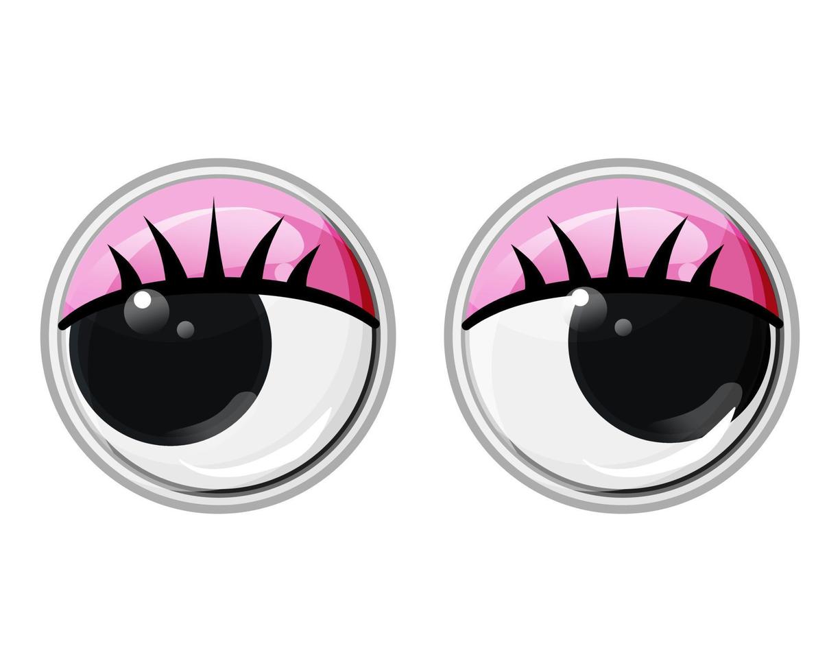 Funny plastic toy eyes with eyelashes and pink eyelids. Animate. Vector cartoon illustration on an isolated white background
