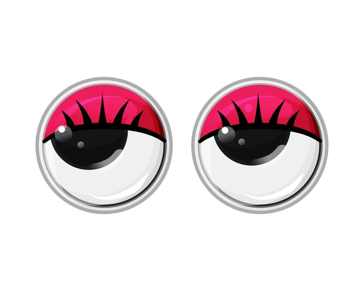Toy plastic eyes with eyelashes and red eyelids on a white isolated background. Vector cartoon illustration