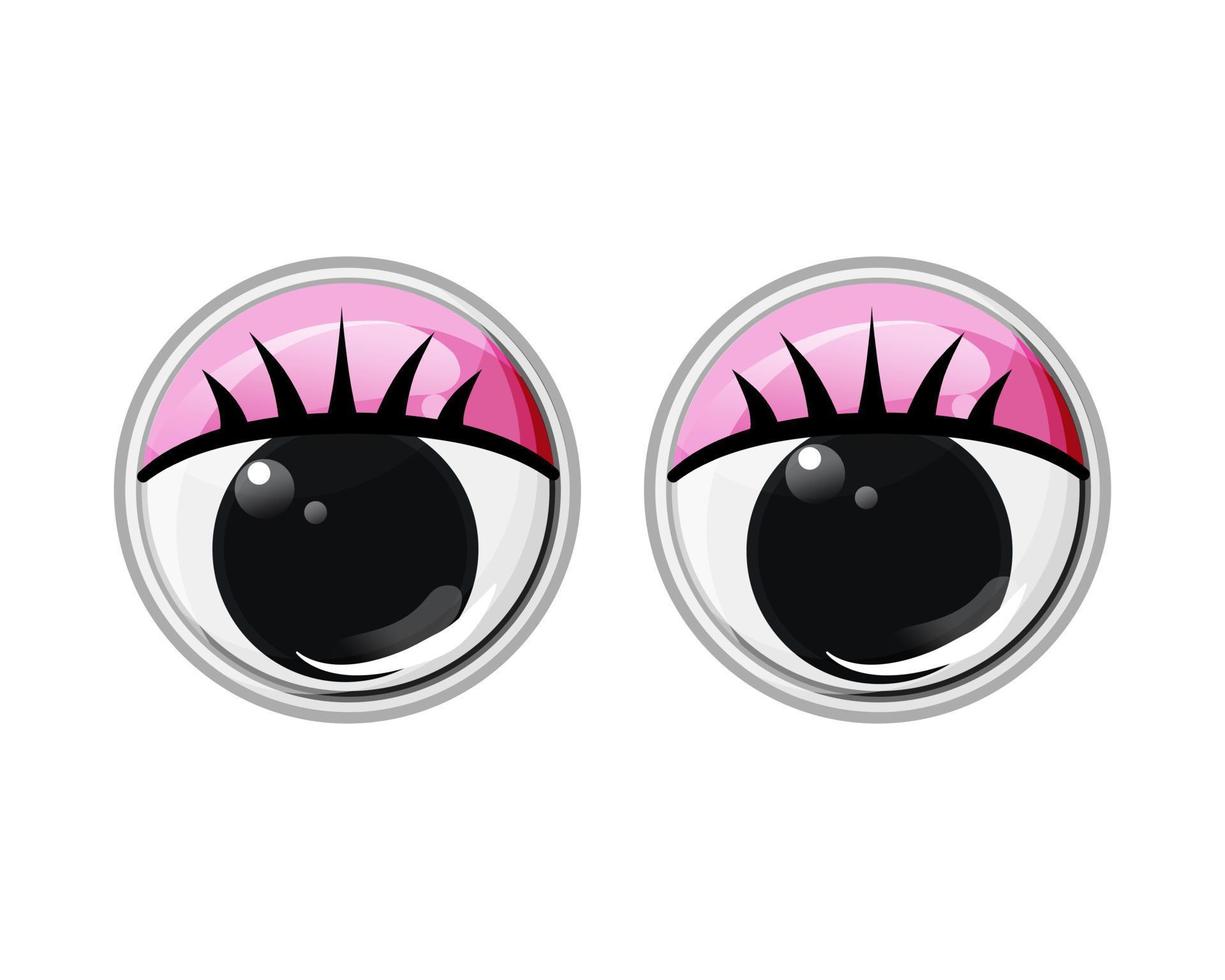Funny plastic toy eyes with eyelashes and pink eyelids. Animate. Vector cartoon illustration on an isolated white background