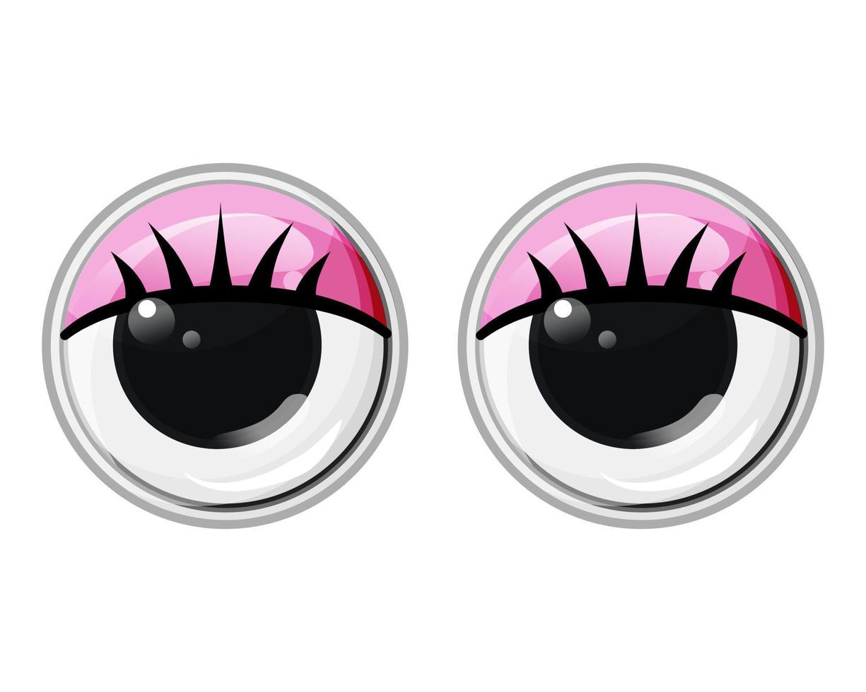 Funny plastic toy eyes with eyelashes and pink eyelids. Animate. Vector cartoon illustration on an isolated white background