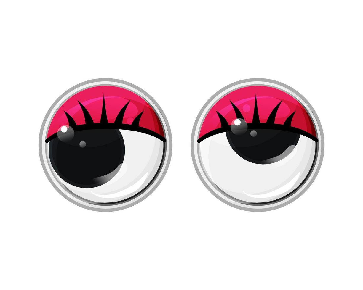 Toy plastic eyes with eyelashes and red eyelids on a white isolated background. Vector cartoon illustration